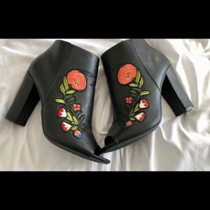 Embroidery Patched Black Peep Toe Bootie Heels